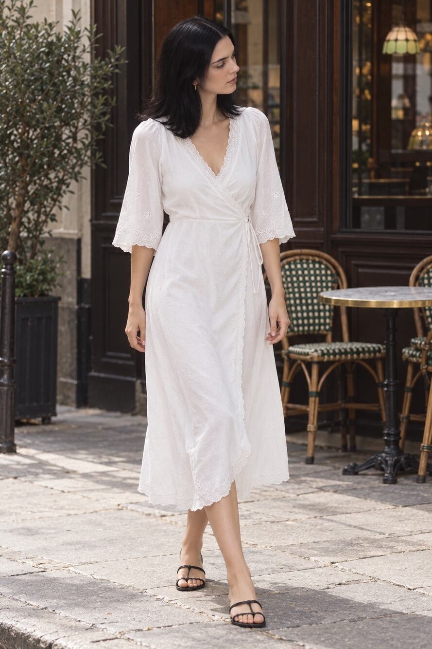 Ciao Lucia White Cotton Voile Eyelet Embroidered Wrap Midi Dress XS With Tags